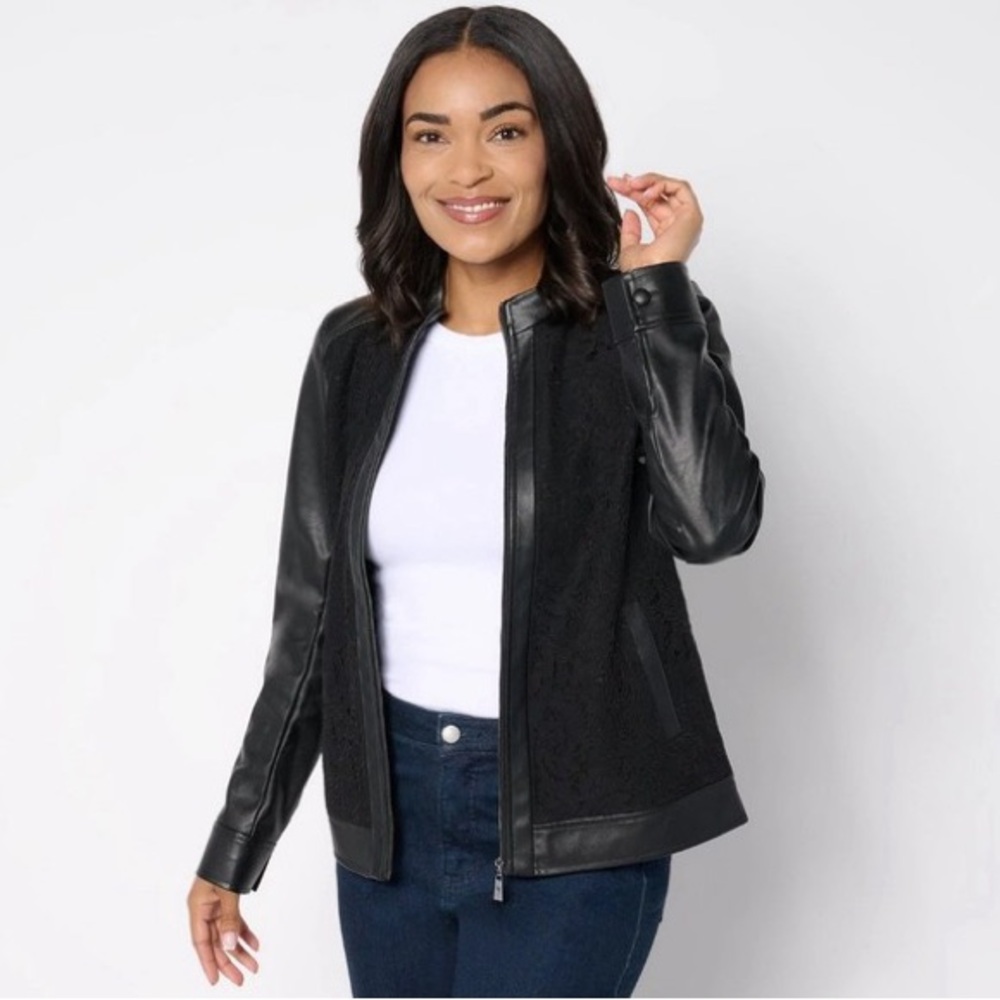 NWOT Elle by Kim Gravel Faux Leather & Lace Zip-Up Jacket A663065 1X, Black